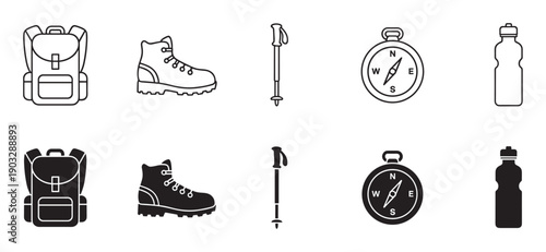 Hiking and camping equipment icon set featuring a backpack, boot, trekking pole, compass, and water bottle in both outline and solid glyph styles for outdoor adventure concepts