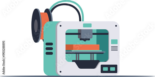 3D printer printing object with orange filament, additive manufacturing technology, flat vector illustration, prototyping and product development concept