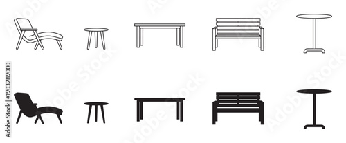 Collection of modern furniture icons including a lounge chair, bench, and tables presented as both simple black line art and solid black silhouettes