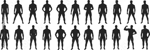 Vector silhouettes of muscular male bodybuilders in various poses, strong athletic men black figures isolated on white background for fitness, anatomy, health, and sports design