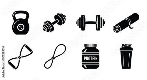 Black silhouette icons depicting various fitness and exercise equipment