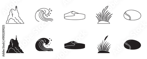Ten black and white landscape icons featuring a cliffside lighthouse, ocean wave, sand dune, wild grass, and pebble presented in both outline and solid silhouette styles