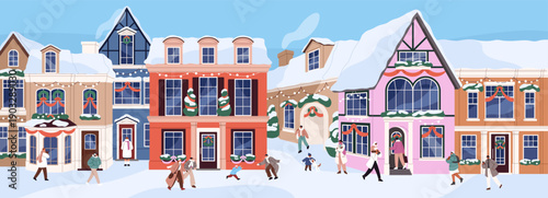 Landscape of snow city at Christmas. People walking in town in Xmas, New Year. Families with kids are on street with decorated for holiday European house facades in winter. Flat vector illustration.