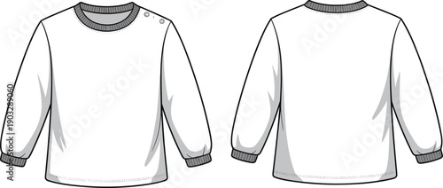 Children's long sleeve shirt front and back view, white fabric, gray cuffs, shoulder buttons, apparel design, cad drawing flat vector illustration