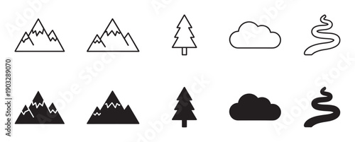 Set of black nature landscape icons in two styles, featuring simple line art and solid silhouette glyphs of mountains, a pine tree, a cloud, and a winding river