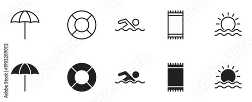 Minimalist black summer vacation icon set featuring a beach umbrella, lifebuoy, swimmer, towel, and sunset in outline and solid glyph styles