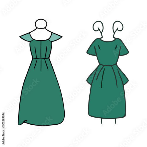 Two simple line art illustrations of different styles of green dresses, showcasing various fashion designs and garment shapes.