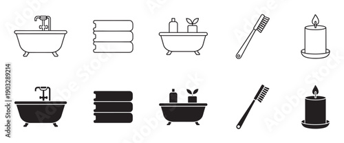 Set of black bathroom and spa icons in line art and solid glyph styles shows a bathtub, towels, toothbrush, candle, and toiletries for hygiene and self-care concepts