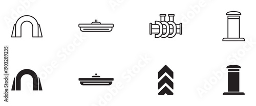 Set of black vector icons featuring a magnet, aircraft carrier, pipe manifold, and bollard, presented in both line art and solid glyph styles for graphic design and user interface use