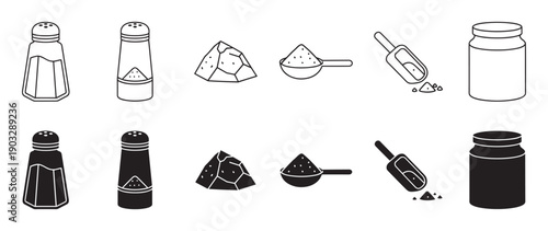 Salt and pepper shakers icon set with line art and solid glyph styles showing crystals, spoons, and jars for cooking and seasoning concepts in a minimalist vector illustration