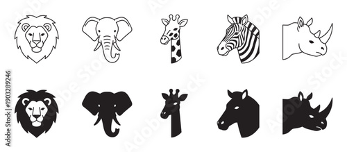 Collection of wild animal head icons in two styles, featuring minimalist line art and solid black silhouette illustrations of a lion, elephant, giraffe, zebra, and rhino