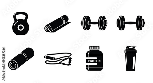 Black silhouette icons depicting various fitness and exercise equipment