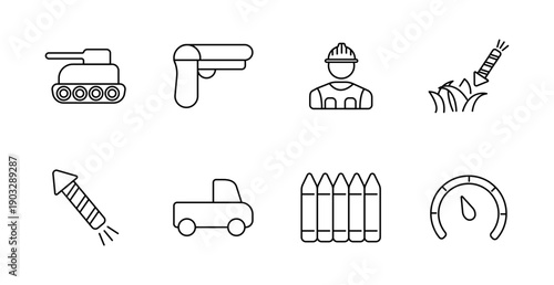 Military and defense set icon. Tank, handgun, soldier, rocket, bullets, vehicle, explosion, speed meter, uniformed worker, launch in field