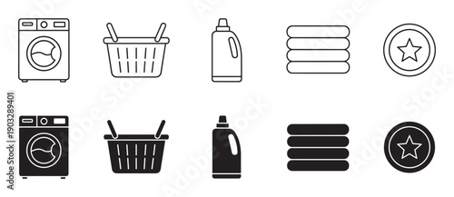 Laundry and cleaning service icon set featuring a washing machine, basket, detergent, and folded towels in both minimalist line art and solid black glyph styles