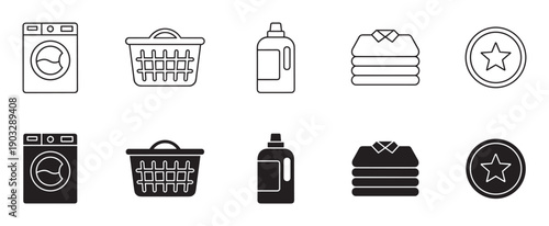 Set of black laundry service icons in two styles, line art and solid glyph, showing a washing machine, basket, detergent, folded clothes, and a fabric care symbol for household chores