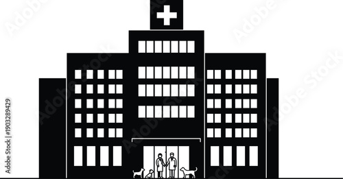 Veterinary hospital building silhouette, doctors, pets, dogs outside clinic, pet care, animal health service, modern architecture, healthcare, black white vector illustration.