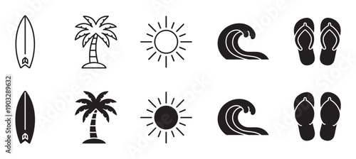 Set of black summer beach icons featuring a surfboard, palm tree, sun, wave, and flip-flops in both minimalist outline and solid silhouette graphic design styles