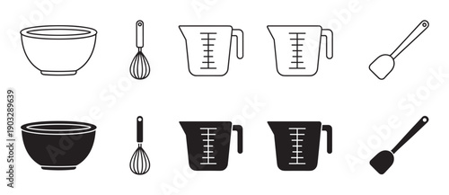 Collection of black kitchen utensil icons including a mixing bowl, whisk, measuring cup, and spatula shown in both outline and solid silhouette styles for cooking and baking