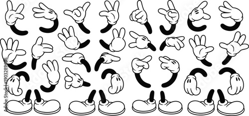 Vintage cartoon gloves and shoes vector set, hand gestures collection, retro style, animation, classic character design, black and white