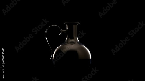 flagon. Metal flagon against dark background, rim light highlighting its curved handle and body. bar promotions, beverage menus, designed for product packaging and bar promotions.