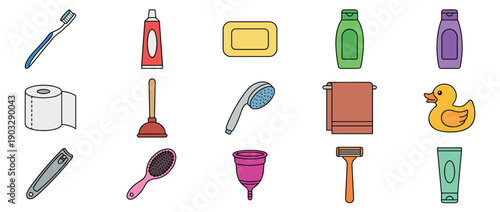 Fifteen colorful personal care and bathroom icons featuring a toothbrush, toothpaste, razor, towel, and shower head, illustrated in a simple line art and flat color design