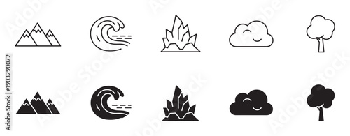 Set of black nature themed icons including mountains, waves, icebergs, clouds, and trees, shown in both minimalist outline and solid glyph styles