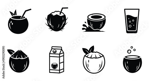Black and white icons depicting various stages of coconut and juice preparation