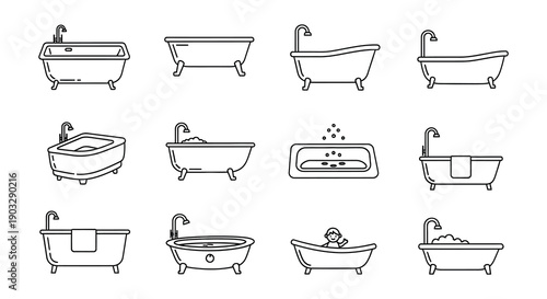 Collection of minimalist line art illustrations depicting various bathtub designs