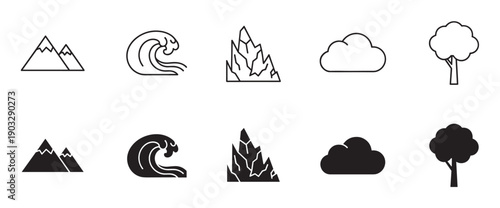 Set of black nature element icons including mountains, waves, crystals, clouds, and trees, presented in both minimalist line art and solid silhouette graphic styles