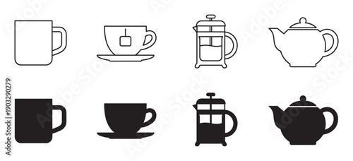 Collection of black coffee and tea icons in minimalist outline and silhouette styles, featuring a mug, teacup with saucer, French press, and teapot for brewing hot beverages