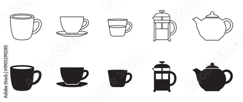 Collection of minimalist coffee and tea icons including a mug, cup, teapot, and French press, presented in two distinct styles: simple line art and solid black silhouette