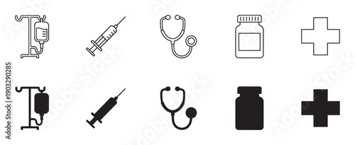 Medical and healthcare icon set showing an IV drip, syringe, stethoscope, pill bottle, and cross symbol in both minimalist line art and solid black silhouette styles