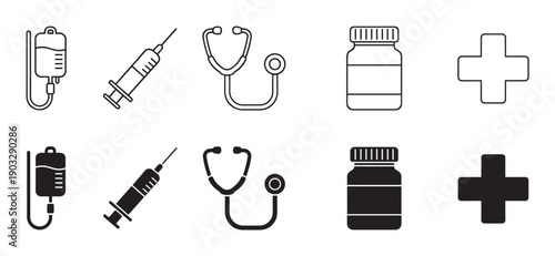 Set of black medical and hospital icons in outline and solid silhouette styles, including an IV drip bag, syringe, stethoscope, pill bottle, and cross symbol