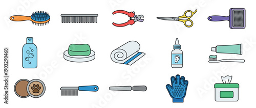 Large set of pet care icons for grooming and hygiene, featuring a brush, comb, shampoo, nail clippers, scissors, toothpaste, and other essential animal supplies