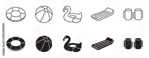 Set of black summer pool float icons including a lifebuoy, beach ball, flamingo, mattress, and armbands, shown in both line art and solid silhouette styles