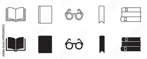 Set of black reading icons including books, glasses, and bookmarks in two styles, line art and solid silhouette, for educational or literary concepts