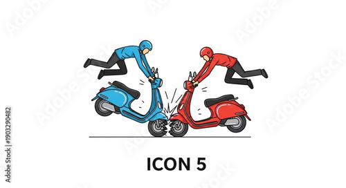 Two people on scooters crashing into each other illustration.