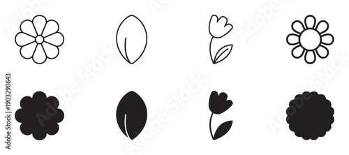 Set of simple black flower icons including daisy, tulip, and leaf designs presented in both minimalist outline and solid silhouette styles as graphic design elements