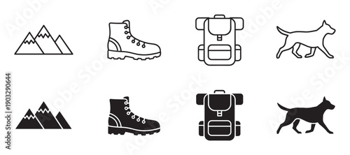 Set of black hiking icons featuring mountains, a boot, a backpack, and a dog in both line art and solid silhouette styles for outdoor adventure and travel concepts