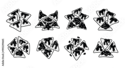 Hand drawn illustration of tortilla chips arranged in various formations