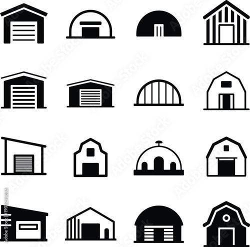 Warehouse and barn icon set, storage building vector, industrial sheds, agricultural structures, editable outline symbols, black silhouette pack