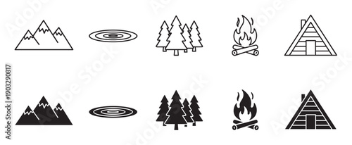 Set of black nature and camping icons in line art and solid silhouette styles, including mountains, water, forest, campfire, and an A-frame cabin for outdoor adventure themes