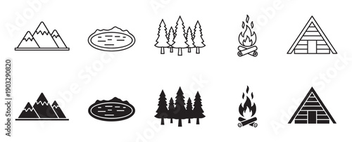 Set of camping and nature icons in two styles, line art and solid silhouette, featuring a mountain, lake, forest, campfire, and A-frame cabin for adventure and travel themes