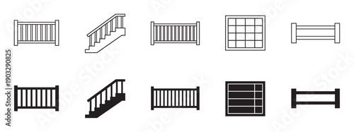 Black vector icons of railings and stairs in outline and silhouette styles, a graphic collection of balustrade, fence, and handrail elements for architectural design projects