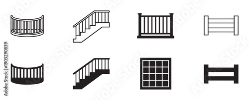 Set of black architectural icons showing railings, stairs, a window, and a fence in both outline and solid glyph styles for design elements