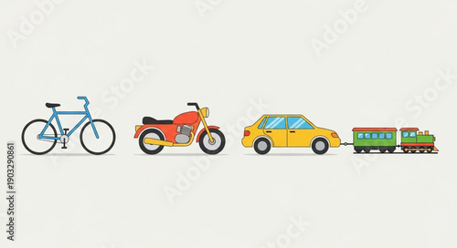 Various modes of transportation lined up together for comparison.