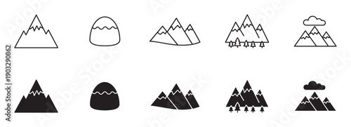 Black mountain and hill vector icon collection with ten different designs in both outline and filled silhouette styles, including trees and a cloud for nature concepts