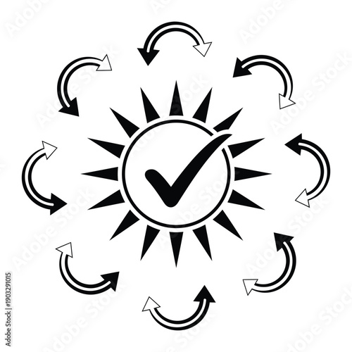 Vector sun icon with checkmark and rotating arrows, symbol for approval or approval process, for mockup or icon set, isolated on transparent background, png