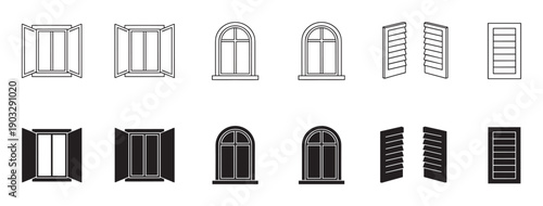 Collection of window and shutter icons presented in both thin line art and solid black glyph styles, featuring various designs like arched, open, and louvered elements