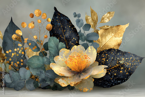 Elegant Floral Arrangement with Gold and Blue Leaves for Artistic Decoration